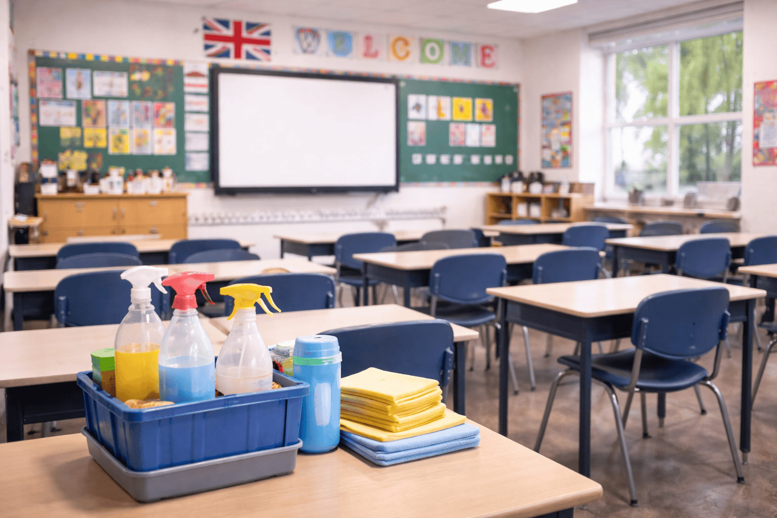 Disinfected classroom with cleaning supplies for sanitary school environment cleaning services.